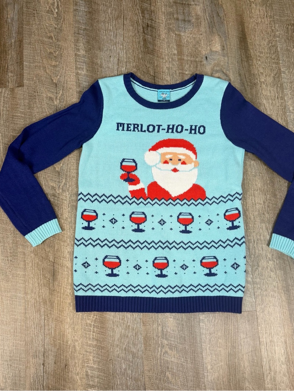 Norther Pole Merlot Ho Ho Wine Santa Christmas Sweater Womens M Blue Colorblock